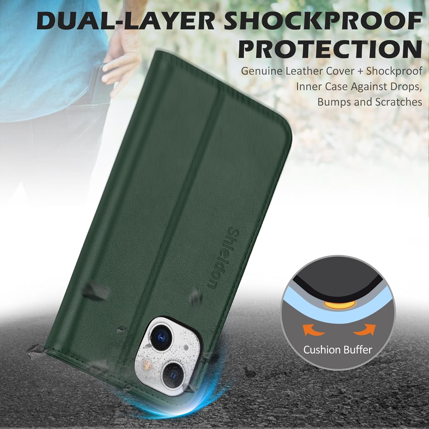 Case for Iphone 13, Genuine Leather Wallet Folding Case with Kickstand RFID Blocking Card Slots Magnetic Shockproof Cover Compatible with Iphone 13 5G (6.1" 2021) - Midnight Green